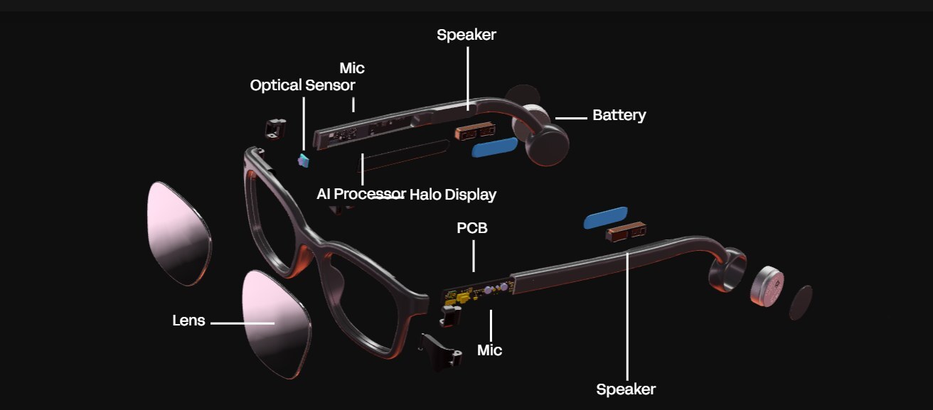 Brilliant Labs Frame AI glasses — exploded render showing components